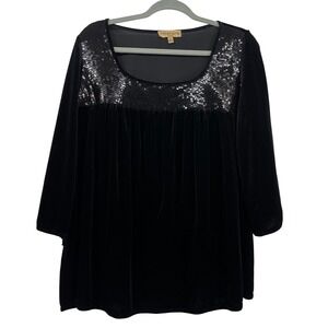 Notations Woman Plus Size 2X Top Black Velvet Sequin Yoke Flare Sleeve Babydoll